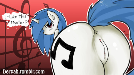 anus big_butt blue_hair blush butt clitoris cutie_mark female feral fur genitals hair horn looking_back master plump_labia presenting presenting_hindquarters purple_eyes question_mark raised_tail solo tail text vulva white_body white_fur marblesoda friendship_is_magic hasbro my_little_pony mythology vinyl_scratch_(mlp) equid equine mammal mythological_creature mythological_equine unicorn 16:9 2013 digital_media_(artwork) english_text hi_res url widescreen