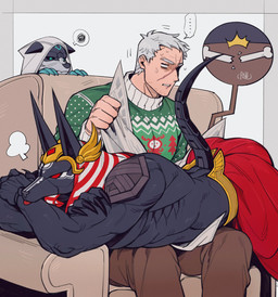 anthro barazoku biceps big_muscles biped black_body black_fur black_sclera blush blush_lines bottomwear brown_bottomwear brown_clothing brown_pants chair christmas_clothing christmas_sweater christmas_topwear claws clothed clothing crossed_arms duo egyptian egyptian_clothing egyptian_headdress ellipsis finger_claws fur furniture green_clothing green_sweater green_topwear group hair holding_newspaper holding_object holidays lip_scar male male/male muscular muscular_anthro muscular_human muscular_male nemes_(clothing) newspaper nose_scar on_chair on_lap pants red_bottomwear red_clothing red_eyes red_sclera robotic_tail sitting sitting_on_chair sitting_on_lap sofa sweater tail teal_claws teal_eyes topless topwear trio white_hair white_hood emiya_izumi blizzard_entertainment christmas egyptian_mythology european_mythology middle_eastern_mythology mythology norse_mythology overwatch anubis_reaper fenrir_reaper reaper_(overwatch) soldier_76_(overwatch) anubian_jackal canid canine canis human jackal jotunn mammal wolf 2025 absurd_res hi_res