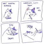 4_panel_comic a ambiguous_gender anthro black_eyes black_nose eyes_closed holding_tablet_pen lying mouth_closed on_back on_ground paws simple_background smile solo tablet tablet_pen text whiskers white_background white_body white_sclera flavia-elric domestic_cat felid feline felis mammal 1:1 2020 comic digital_media_(artwork) english_text hi_res