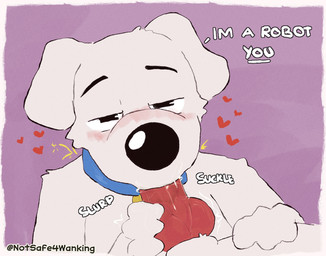 animal_genitalia anthro anthro_penetrating anthro_penetrating_robot arm_tuft big_nose black_nose blue_collar blush bodily_fluids border cheek_tuft collar dialogue duo erection eyebrows facial_tuft fellatio first_person_view fur genitals hand_on_leg hand_on_penis hand_on_thigh head_tuft heart_symbol knot knotted_penis looking_at_viewer machine male male/male male_penetrated male_penetrating male_penetrating_male narrowed_eyes oral oral_penetration paws penetration penile penile_penetration penis penis_in_mouth robot_penetrated saliva saliva_on_penis seductive sex shaking sheath sheath_tuft shoulder_tuft simple_background slurping sound_effects suckle_(sound_effect) suckling text tremble_spikes trembling tuft white_body white_border white_fur notsafeforwanking family_guy brian_griffin robot_brian robot robot_anthro hi_res
