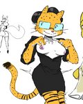 anthro bottomwear breasts business_suit clothed clothing eyewear female flashing flashing_breasts fur furgonomics glasses hair hair_bun nipples partially_clothed presenting presenting_breasts skirt solo suit tail tail_through_skirt whiskers smekbo kevin_and_kell cynthia_(kevin_and_kell) canid canine felid fox mammal pantherine tiger