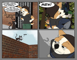 ambiguous_gender anthro comic_panel dialogue feral gardening male solo text corginamedbruno canid canine canis domestic_cat domestic_dog felid feline felis herding_dog mammal pastoral_dog welsh_corgi absurd_res comic english_text hi_res
