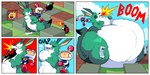 belly big_belly bomb border dizzy_eyes expansion explosives fur green_body green_fur huge_belly inflation pear-shaped_figure swallowing white_body white_border white_fur wide_hips pukupukudragon bomberman konami bomberman_(species) kangaroo louie_(bomberman) macropod mammal marsupial 2019 2:1 cel_shading hi_res shaded