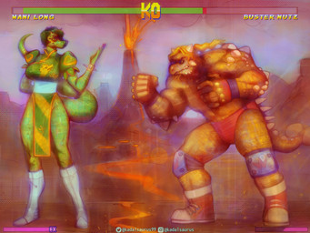 angry anthro big_breasts blonde_hair boots bracelet breasts clenched_teeth clothed clothed_anthro clothed_female clothing duo female fighting_game fighting_pose fingers fist footwear gameplay_mechanics green_body green_clothing green_hair gui hair health_bar horn humanoid_hands jewelry knee_boots knee_highs knee_pads lava legwear long_hair long_tail looking_at_another male markings muscular muscular_anthro muscular_male non-mammal_breasts orange_body outside pose red_clothing red_underwear shoes short_hair smoke_cloud spiked_bracelet spikes spots spotted_markings tail teeth text topless topless_anthro topless_male underwear volcanic_eruption volcano kadalsaurus cavemanon_studios i_wani_hug_that_gator buster_(iwhtg) olivia_halford ankylosaurian ankylosaurid ankylosaurus baryonyx dinosaur ornithischian prehistoric_species reptile saurischian scalie spinosaurid theropod thyreophoran 4:3 artist_name character_name colored english_text hi_res shaded