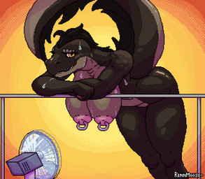 anthro arm_support ass_up big_breasts big_butt bodily_fluids bouncing_breasts breasts butt female leaning leaning_forward leaning_on_elbow leaning_on_object nipple_piercing nipples nude piercing solo summer sweat sweatdrop tail thighs_together tighs wiggle wind yellow_eyes rennmoose crassie_(rennmoose) crocodile crocodilian reptile scalie animated digital_media_(artwork) loop pixel_(artwork) pixel_animation short_playtime