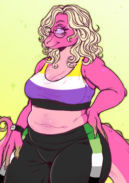 anthro aromantic_pride_colors belly big_breasts blonde_hair bottomwear breasts cleavage clothed clothing crop_top eyelashes eyewear female glasses hair hand_on_hip lgbt_pride long_eyelashes medium_hair navel nonbinary_pride_colors pants pink_body pride_colors purple_eyes round_glasses shirt simple_background slightly_chubby smile solo tail topwear szaris lizard reptile scalie 2025 colored colored_sketch digital_drawing_(artwork) digital_media_(artwork) flat_colors hi_res sketch nonbinary_(lore)
