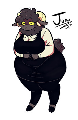 anthro arm_under_breasts big_breasts black_body black_bottomwear black_clothing black_dress black_fur black_pants black_skin black_wool bottomwear breasts clothing collared_shirt dress dress_shirt eyelashes female fur hooves horizontal_pupils horn pants pupils shirt simple_background solo tail text thick_thighs topwear unguligrade white_background white_clothing white_dress_shirt white_topwear wide_hips wool_(fur) yellow_sclera astonarts jamu_(astonarts) bovid caprine mammal sheep 2026 character_name full-length_portrait hi_res portrait