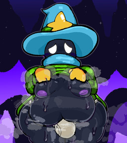 abstract_background belly big_belly black_body black_skin blue_clothing blue_hat blue_headwear blue_scarf bodily_fluids bulge clothed clothing clothing_lift excessive_sweat green_clothing green_robe green_topwear hat headgear headwear inverted_nipples male moobs nipples no_pupils obese obese_male overweight overweight_male purple_nipples robe scarf shirt shirt_lift solo star steam sweat thick_thighs topwear underwear white_eyes witch_hat leprosick kirby_(series) nintendo humanoid simirror 2022 hi_res signature