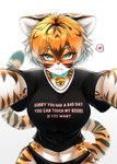 anthro big_breasts blush breasts clothed clothing cute_fangs fangs female female_anthro fur hair heart_symbol kemono looking_at_viewer multicolored_body multicolored_fur multicolored_hair multicolored_tail shirt solo t-shirt tail teeth text text_on_clothing topwear kayasa meme_clothing sorry_you_had_a_bad_day felid mammal pantherine tiger 2023 absurd_res digital_media_(artwork) english_text hi_res meme