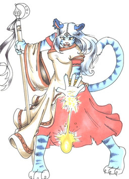 angry attack blue_body blue_fur claws clothing ear_piercing female fur hair magic piercing robe simple_background solo staff standing white_background white_hair sue-chan_(artist) felid mammal pantherine tiger traditional_media_(artwork)