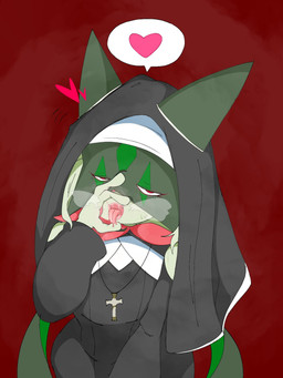 3_fingers anthro bedroom_eyes breath claws clothed clothed_anthro clothing cross eyelashes female finger_claws fingers flower_(anatomy) fur gesture green_body green_fur heart_symbol mask narrowed_eyes nun_outfit open_mouth red_eyes seductive solo suggestive suggestive_gesture tongue tongue_out sixtytenfist nintendo pokemon generation_9_pokemon meowscarada pokemon_(species) 3:4 hi_res