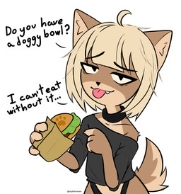:3 anthro burger clothing collar female food holding_burger holding_food holding_object looking_at_viewer oversized_clothing oversized_shirt oversized_topwear panties shirt simple_background snaggle_tooth solo text tired_eyes tongue tongue_out topwear underwear white_background dogfailureowo hana_(dogfailureowo) canid canine canis domestic_dog mammal english_text hi_res
