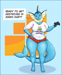 anthro barefoot big_breasts blue_body breasts clothing controller electronics feet female flirting flirting_with_viewer game_console gamer_girl hand_on_hip looking_at_viewer panties purple_eyes shirt slightly_chubby solo speech_bubble switch_console text text_on_clothing thick_thighs tight_clothing topwear underwear wide_hips regenshine nintendo nintendo_switch pokemon aqua_(regenshine) eeveelution generation_1_pokemon pokemon_(species) vaporeon english_text hi_res