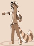 anthro backpack bottomwear clothing fist frown hair hat headgear headwear male markings pants shirt solo striped_markings striped_tail stripes tail tail_markings topwear kkoart nintendo pokemon furret generation_2_pokemon pokemon_(species) hi_res