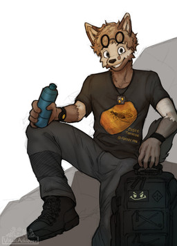 amber_(material) anthro backpack bottle bottomwear brown_body brown_fur brown_hair clock clothing container dipstick_ears ear_markings eyewear fluffy fluffy_tail fur glasses hair jewelry male multicolored_ears necklace pants rock shirt shirt_design sitting smug_face solo tail text text_on_clothing topwear watch water_bottle wristband wristwatch vitaliachiever gamma_wolf_(vitaliachiever) arthropod blattodean canid canine canis insect mammal termite wolf absurd_res guide_lines hi_res signature