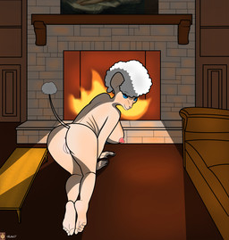anthro anus areola big_breasts big_butt blue_eyes breasts butt feet female fire fireplace furniture genitals hairless looking_at_viewer looking_back nipples nude presenting presenting_hindquarters smile solo vulva ea657 canid canine canis domestic_cat domestic_dog felid feline felis hairless_cat hybrid mammal poodle sphynx_(cat) source_request