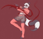 action_pose anthro biped blood bodily_fluids bottomwear clothed clothing crop_top eyewear female glasses leaning leaning_backward leg_warmers legwear long_tail on_one_leg pose raised_arm shirt shorts solo standing stockings tail thigh_highs topwear lawyerdog chigui_(character) banded_gecko bear eublepharid gecko giant_panda hybrid lizard mammal reptile scalie