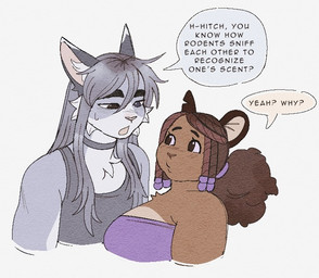 ambiguous_gender anthro big_breasts breasts brown_body brown_fur chest_tuft collar countershading curly_hair dialogue dreadlocks duo female fur grey_body grey_fur hair inner_ear_fluff long_hair monolid simple_background speech_bubble t4t text tuft wolfertinger hitch_(wolfertinger) hitomi_(wolfertinger) domestic_cat felid feline felis mammal mouse murid murine rodent 2025 english_text trans_(lore) trans_man_(lore) trans_woman_(lore)