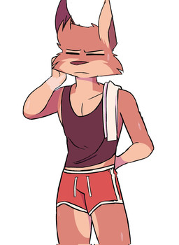 anthro black_clothing black_shirt black_tank_top black_topwear bodily_fluids bottomwear breath brown_body brown_fur clothing exercise eyes_closed fur male shirt shorts simple_background solo sweat tank_top tired topwear towel white_background workout jaybeyyy canid canine fox mammal 2021 hi_res
