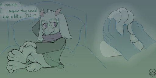 3_toes anthro bed blush clothed clothing dialogue duo eyewear feet foot_fetish foot_focus foot_rub fur furniture glasses heart_symbol horn lying male massage on_bed paws scarf simple_background smile tail text toes white_body white_fur the_drawing_knight deltarune undertale_(series) ralsei bovid caprine darkner goat mammal hi_res