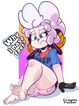 clothing colored_nails feet female genitals nails pattern_background purple_eyes shirt simple_background solo t-shirt text thick_thighs topwear vulva crayola_foster tofu_(crayola_foster) bovid caprine humanoid mammal sheep 3:4 absurd_res hi_res