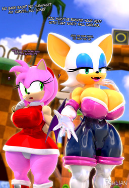 anthro big_breasts biped breasts cleavage clothed clothing dialogue dress duo eyelashes female legwear looking_at_another open_mouth outside panties pink_body red_clothing red_dress smile text thick_thighs thigh_highs underwear tahlian kabalmystic_(modeler) sega sonic_the_hedgehog_(series) amy_rose rouge_the_bat bat eulipotyphlan hedgehog mammal 3d_(artwork) absurd_res digital_media_(artwork) english_text hi_res