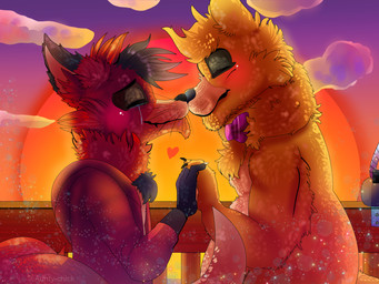 anthro blush bodily_fluids bow_(feature) bow_tie cloud duo eyes_closed fur machine male male/male red_body red_fur sunset tears yellow_body yellow_fur hiyoko five_nights_at_freddy's scottgames foxy_(fnaf) golden_freddy_(fnaf) animatronic bear canid canine fox mammal robot 2018 4:3 digital_media_(artwork) hi_res