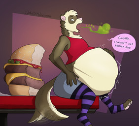 anthro belly big_belly burger burping cheese clothing dairy_products food food_inflation half_eaten_food huge_belly hyper hyper_belly legwear male pickle_(food) rumbling_stomach stockings stuffing tail tail_motion tailwag themuffinly muffin_(themuffinly) domestic_ferret mammal mustelid musteline true_musteline weasel hi_res
