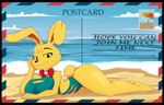 anthro beach breasts cleavage clothed clothing female fur nipple_outline seaside solo swimwear text yellow_body yellow_fur bigdon1992 letters_from_felix felix_(letters_from_felix) lagomorph leporid mammal rabbit english_text