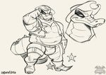 anthro belly boots bulge clothing cowboy_hat footwear hat headgear headwear male overweight overweight_male sheriff_badge shoes solo spurs thong underwear avengedog kings_of_hell agares_(kings_of_hell) crocodile crocodilian reptile scalie hi_res sketch