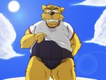 anthro belly black_nose brown_body brown_fur bulge clothing fur humanoid_hands kemono male outside overweight overweight_anthro overweight_male shirt solo sun topwear oogamikennta canid canine canis domestic_dog mammal 2011 4:3