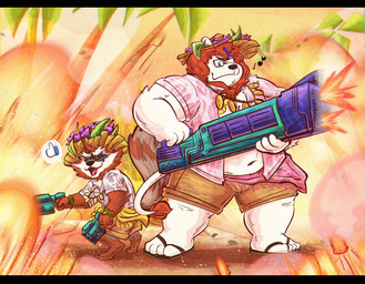 anthro belly bottomwear clothed clothing duo eyewear footwear glasses male navel open_clothing open_mouth open_shirt open_topwear outside overweight overweight_male palm_tree plant sandals shirt shoes shorts standing topwear tree weapon 06junior11 guardians_of_the_galaxy marvel rocket_raccoon felid lion mammal pantherine procyonid raccoon 2025 hi_res