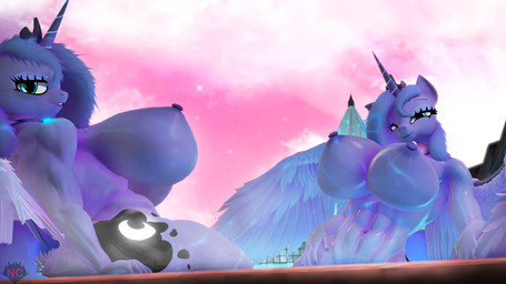 anthro areola big_breasts biped blue_body blue_eyes blue_hair breasts clone duo eyelashes female glistening glistening_breasts hair horn huge_breasts looking_at_viewer looking_back nipples outside pupils sitting smile thick_thighs three-quarter_view wings naughty_cube friendship_is_magic hasbro my_little_pony mythology princess_luna_(mlp) equid equine mammal mythological_creature mythological_equine winged_unicorn 16:9 3d_(artwork) 4k absurd_res digital_media_(artwork) hi_res widescreen