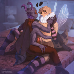 anthro bulge clothed clothing detailed_bulge duo erection erection_under_clothing femboy genital_outline male male/male penis_outline romantic moynzarek arthropod bee hymenopteran insect lepidopteran moth 1:1 absurd_res hi_res