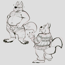4_fingers 4_toes anthro balls belly body_hair bottomwear circumcised clothed clothing facial_hair feet fingers flaccid genitals gesture humanoid_genitalia humanoid_penis looking_at_viewer male mustache navel overweight overweight_anthro overweight_male pants pattern_clothing pattern_shirt pattern_topwear penis plaid plaid_clothing plaid_shirt plaid_topwear putting_on_clothes shirt simple_background solo tail toes topwear waving waving_at_viewer white_background yellowluster neopets hubert_ellis canid canine lupe_(neopets) mammal neopet_(species) 1:1 2025 digital_media_(artwork) hi_res sketch