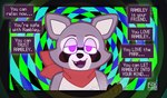 abstract_background anthro first_person_view hypnosis hypnotic_screen hypnotizing_viewer looking_at_viewer male mind_control no_pupils solo spiral spiral_background submissive submissive_pov text toony nx-42 indigo_park rambley_raccoon mammal procyonid raccoon absurd_res english_text hi_res
