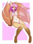 abstract_background anthro biped breasts brown_body brown_fur female fur hair long_hair multi_tail navel nipples nude pose purple_eyes purple_hair simple_background sitting solo tail wide_hips aimi canid canine fox mammal 2013 digital_media_(artwork) hi_res shaded