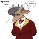 angry anthro bow_tie breasts broken_horn brown_body brown_fur cheek_tuft clothed clothing collared_shirt cross-popping_vein dialogue eyes_closed facial_tuft fake_smile female fur grey_hair grey_horn hair hands_behind_back horn motion_lines open_mouth red_bow_tie red_clothing red_suit shadowed_eyes shirt short_hair simple_background small_breasts solo speech_bubble suit teeth text topwear tuft white_background white_clothing white_collared_shirt white_shirt white_topwear manitka manitka_storm bovid bovine cattle mammal 1:1 2021 artist_name dated digital_media_(artwork) hi_res