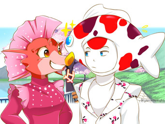 anthro blue_eyes blue_sky breasts brown_eyelashes clothed clothed_female clothing duo ear_fins eye_contact eyelashes female female_anthro fin grass hat head_fin headgear headwear hill lake light looking_at_another male male_humanoid mouth_closed multicolored_body multicolored_skin non-mammal_breasts outside path pink_body pink_clothing pink_fin pink_shirt pink_skin pink_topwear plant railing red_body red_skin screencap screencap_background shirt sky smile smiling_at_another sparkles suit text thin_eyebrows toothy_grin topwear tree two_tone_body two_tone_skin white_body white_clothing white_hat white_headwear white_shirt white_skin white_suit white_topwear yellow_eyes jooniethenight masked_singer carp_(masked_singer) seahorse_(masked_singer) fish humanoid marine seahorse syngnathid syngnathiform 2023 4:3 artist_name colored digital_drawing_(artwork) digital_media_(artwork) english_description lighting shaded thai_description