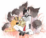 anthro blue_eyes bodily_fluids breasts cum duo eyebrows eyelashes eyewear female fur genital_fluids genitals glasses male male/female nude penis red_eyes smile white_body white_fur gimka gim_(gimka) canid canine felid feline fox mammal 2022 digital_media_(artwork) hi_res