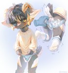 2_horns 4_fingers 4_toes ambiguous_gender anthro anus biped black_body black_fur black_hair black_nose black_tail blue_clothing blue_eyes blue_footwear blue_socks blue_underwear blush blush_lines bodily_fluids bulge cheek_tuft claws clothed clothed_anthro clothed_male clothing curled_horn disembodied_hand duo ears_down embarrassed eyebrows facial_tuft feet fingers fluffy fluffy_tail footwear fur hair heterochromia hindpaw horizontal_pupils horn inner_ear_fluff kemono male male_anthro male_focus multicolored_body multicolored_clothing multicolored_footwear multicolored_fur multicolored_socks neck_tuft orange_clothing orange_sweater orange_topwear pantsless pantsless_anthro pantsless_male pattern_clothing pattern_shirt pattern_topwear pawpads paws pivoted_ears plaid plaid_clothing plaid_shirt plaid_topwear print_clothing print_underwear pupils rabbit_underwear raised_tail scut_tail shaking shirt short_tail simple_background socks solo_focus sweat sweater tail text toe_claws toes topwear tremble_spikes trembling tuft underwear white_background white_body white_clothing white_eyebrows white_footwear white_fur white_inner_ear_fluff white_socks white_tail yellow_eyes young young_anthro young_male angrygentoo bovid caprine mammal sheep 2025 artist_name digital_drawing_(artwork) digital_media_(artwork) hi_res
