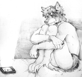 anthro bite biting_lip biting_own_lip bodily_fluids butt cheek_tuft clothed clothing crying ear_piercing ear_ring facial_tuft hair male messy_hair mouth_closed narrowed_eyes piercing ring_piercing sad self_bite short_hair solo tears three-quarter_view topless tuft underwear unsigned akatan_art canid mammal full-length_portrait greyscale hi_res monochrome portrait traditional_media_(artwork)