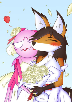 anthro big_breasts blush bouquet breasts clothing digit_ring dress duo female female/female feral flower flower_bouquet fur hair heart_symbol jewelry licking long_hair male multi_eye pink_body plant ring simple_background tongue tongue_out wedding_dress wedding_ring karie so_i'm_a_spider_so_what? karie_(karie) kumoko arachnid arthropod canid canine fox mammal spider absurd_res hi_res