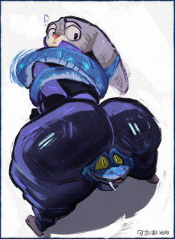 anthro between_legs big_butt bound butt butt_focus butt_hat clothed clothing duo female feral fur huge_butt looking_back looking_down male male/female nervous nervous_smile question_mark simple_background thick_thighs wide_hips yo_zee disney zootopia gary_de'snake judy_hopps european_rabbit lagomorph leporid mammal oryctolagus pit_viper rabbit reptile scalie snake viper 2026 absurd_res digital_media_(artwork) hi_res