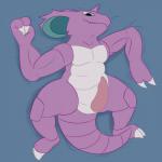 1:1 animal_genitalia animal_penis anthro bed biped blue_eyes claws erection furniture generation_1_pokemon genitals heart_symbol hi_res horn looking_at_viewer lying male mammal nidoking nintendo nude on_back penis pokemon pokemon_(species) posexe presenting presenting_penis purple_body purple_skin scalie simple_background smile solo spread_legs spreading teeth toe_claws