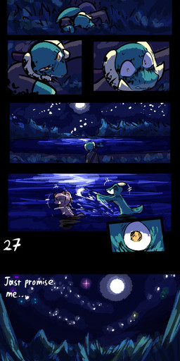 anthro blood bodily_fluids clothed clothing duo female horn lake laugh male swimming tail text yellow_eyes brradett lernie_(brradett) tim_(brradett) scalie absurd_res colored comic digital_media_(artwork) english_text hi_res