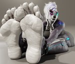 3d_(artwork) 5_toes allandox anthro black_body black_fur canid canine clothed clothing countershade_feet countershading digital_media_(artwork) feet female foot_focus fur hi_res humanoid_feet mammal plantigrade science_fiction soles solo toes white_body white_fur