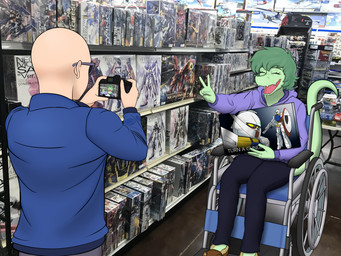 anthro bald black_bottomwear black_clothing black_pants blue_clothing blue_jacket blue_topwear bottomwear camera canon_couple clothed clothed_anthro clothed_female clothed_human clothed_male clothing detailed_background disability duo eyes_closed eyewear female fingers footwear gesture green_body green_hair grey_bottomwear grey_clothing grey_pants hair hand_gesture happy holding_camera holding_object hoodie human_on_anthro inside interspecies jacket male male/female medium_hair open_mouth open_smile pants paraplegic photo_background purple_clothing purple_hoodie purple_topwear romantic romantic_couple shoes sitting slippers smile store sunglasses tail taking_picture text topwear v_sign vehicle wheelchair big_daddy_(artist) cavemanon_studios gundam i_wani_hug_that_gator inco_(iwhtg) olivia_halford spurdo baryonyx dinosaur human mammal prehistoric_species reptile saurischian scalie spinosaurid theropod colored english_text hi_res mixed_media photography_(artwork) shaded