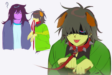 anthro clothing collar duo female floppy_ears folded_ears jacket larger_female leash leash_in_mouth leash_in_own_mouth male male/female object_in_mouth purple_body question_mark red_eyes size_difference smaller_male submissive submissive_male sweater tongue tongue_out topwear renyarrh deltarune undertale_(series) kris_dreemurr susie_(deltarune) human mammal reptile scalie hi_res