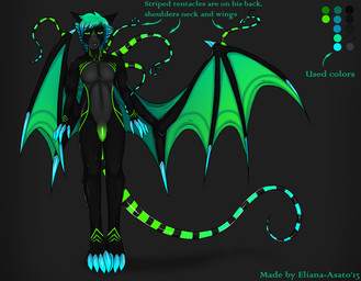 black_body black_skin blue_hair color_swatch flaccid genitals glowing green_eyes green_hair green_wings hair male membrane_(anatomy) membranous_wings nude penis short_hair solo stripes tentacles text wings year eliana-asato 2013 english_text model_sheet